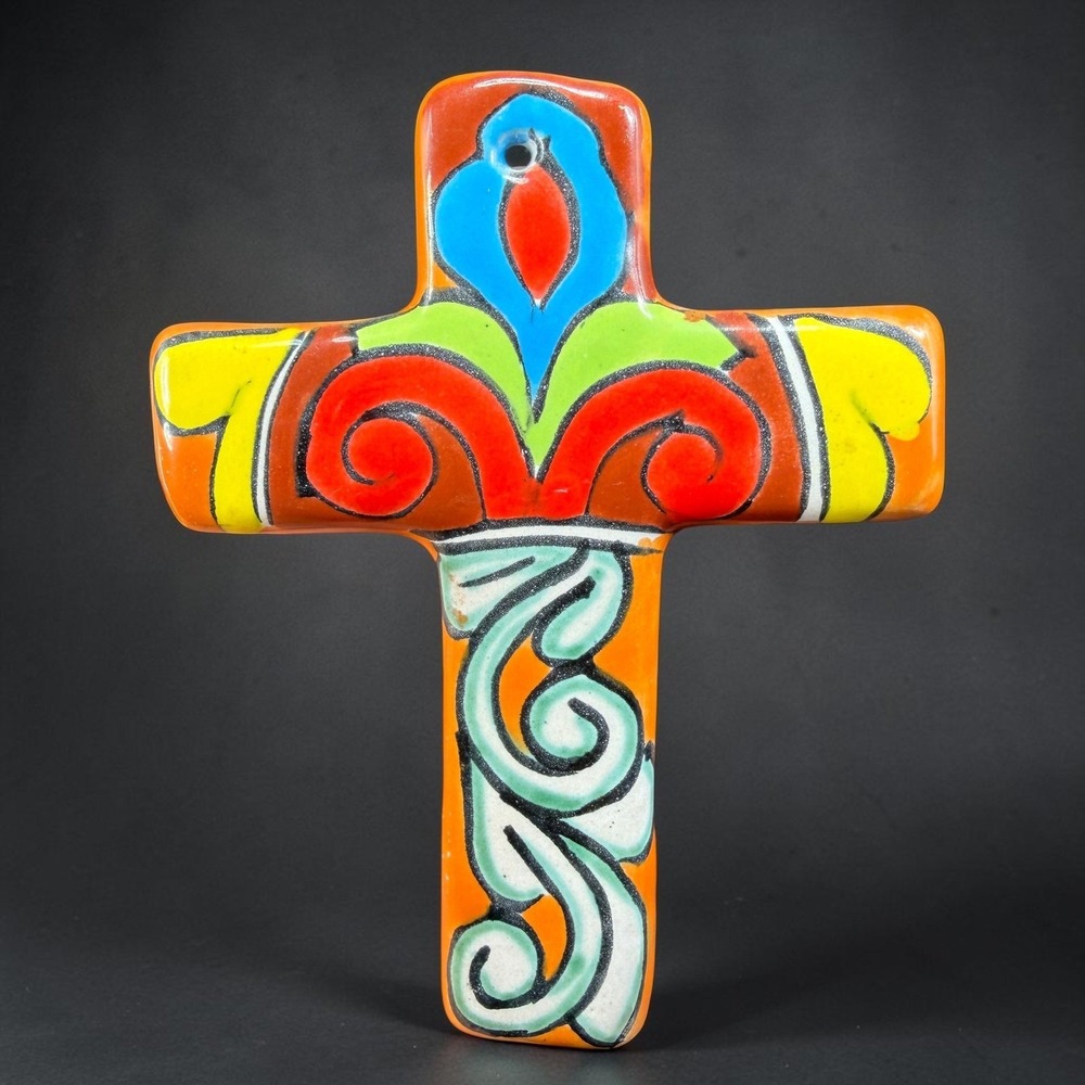 Mexican Pottery Wall Cross Hand Painted Talavera Style Ceramic Orange‎ Vintage